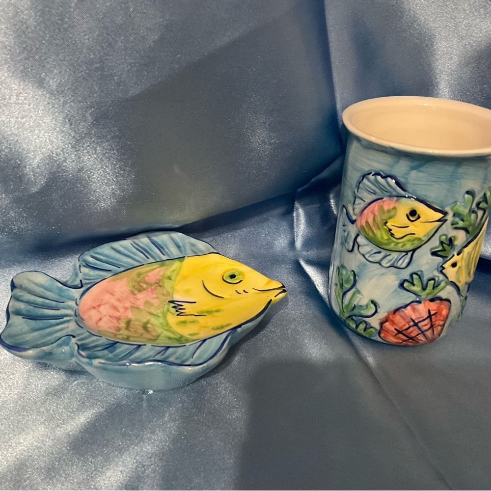 Hand decorated fish soap dish and cup